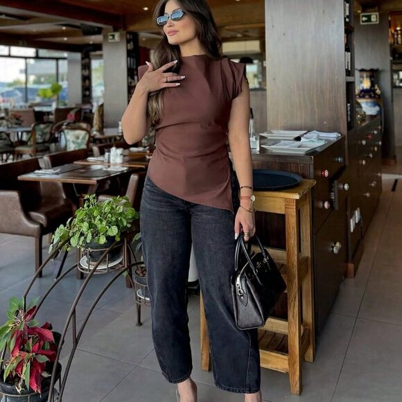 Chocolate Brown Elegant Womens Padded Shoulder Ruffle Asymmetric Zipper TOPO - Picture 9 of 10